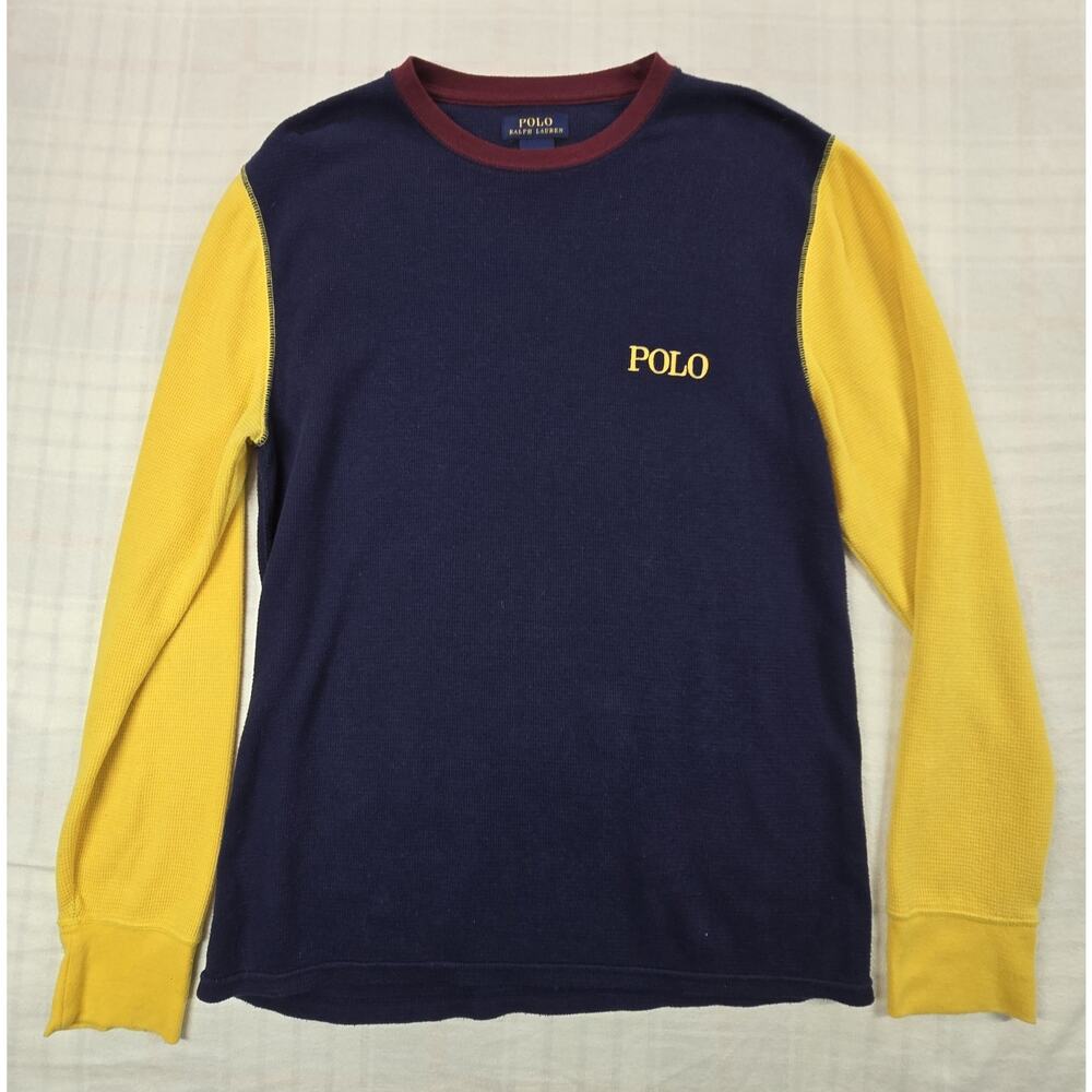 Polo Ralph Lauren Mens Colorblock Waffle Knit Thermal Shirt Navy Yellow Logo L